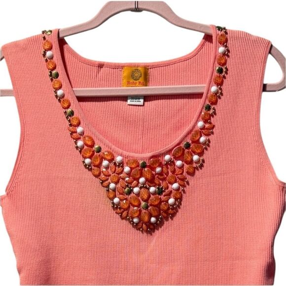 NWOT Ruby Rd Woman’s Beaded Ribbed Tank Coral Colorful Beach Summer top - Picture 3 of 11